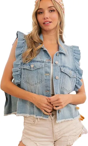 utcoco Women's Casual Button Down Denim Vest Oversized Ruffle Sleeveless Raw Hem Jean Jackets Tops with Pockets