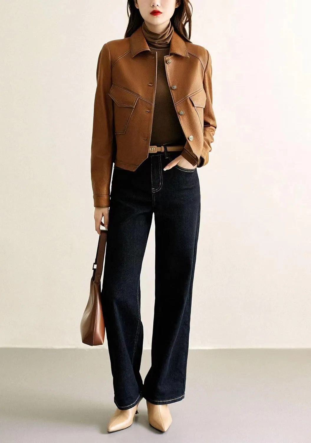 utcoco Women's Cropped Faux Leather Motorcycle Jacket 2024 Fall Fashion Button Up PU Coat Outerwear with Pockets