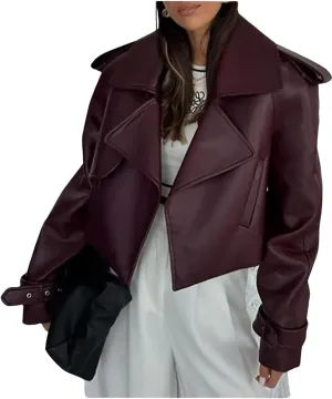 utcoco Women's Cropped Faux Leather Motorcycle Jacket Oversized PU Coat Outerwear Fall Fashion Clothes