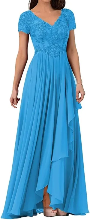 V Neck Mother of The Bride Dresses for Wedding Lace Appliques Prom Dress Women's Cap Sleeves Formal Evening Party Dress