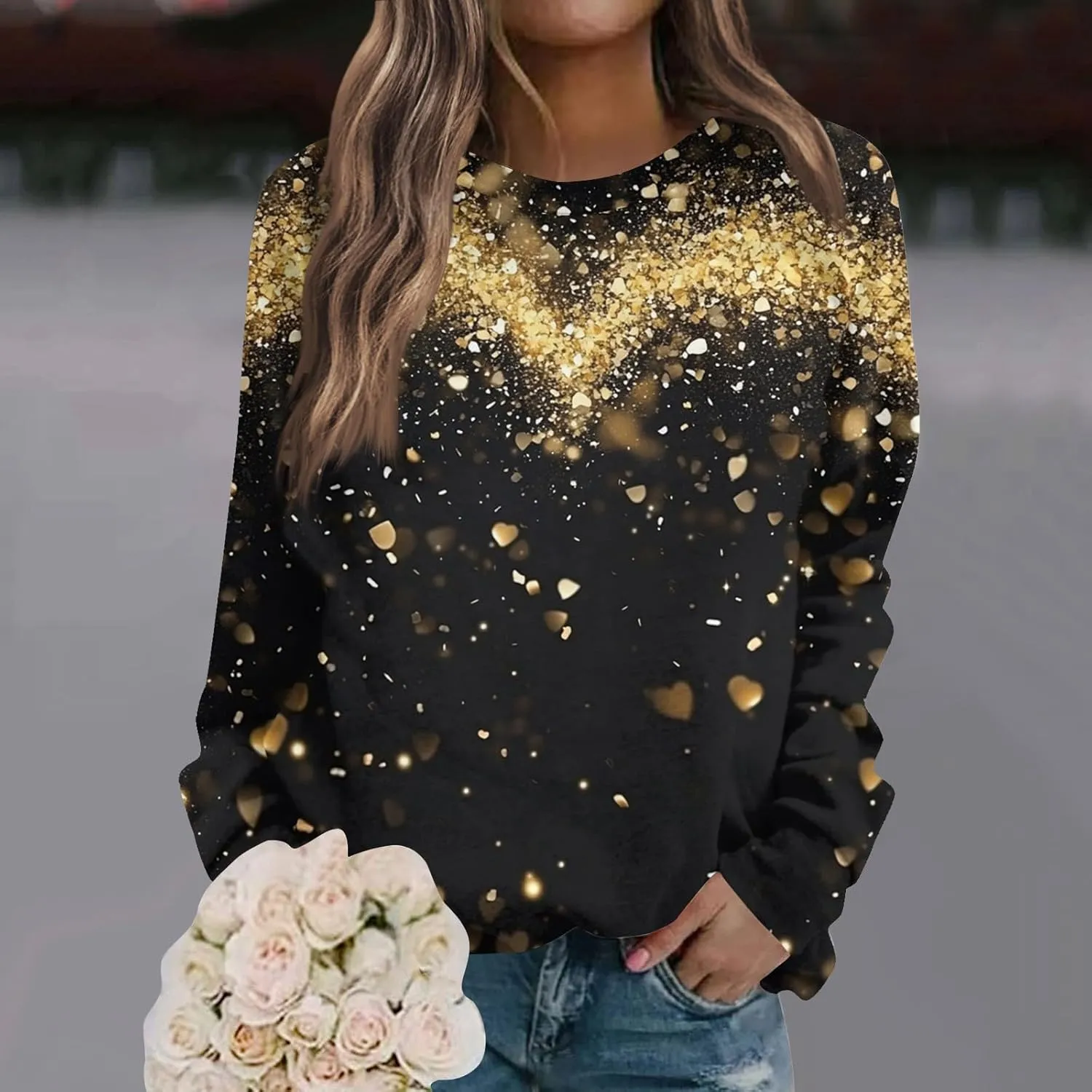 Valentine Sweatshirts For Women Love Hearts Printed Crewneck Pullover Tops Cute Casual Long Sleeve Shirts