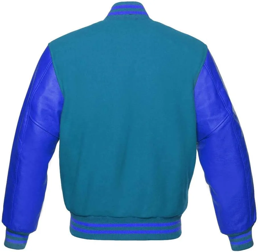 Varsity Jacket Baseball Letterman Bomber School Collage Premium Wool & Royal Blue Genuine leather sleeves
