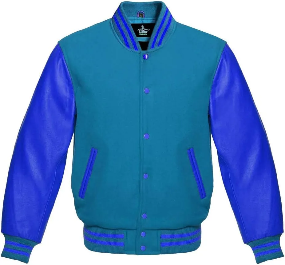 Varsity Jacket Baseball Letterman Bomber School Collage Premium Wool & Royal Blue Genuine leather sleeves