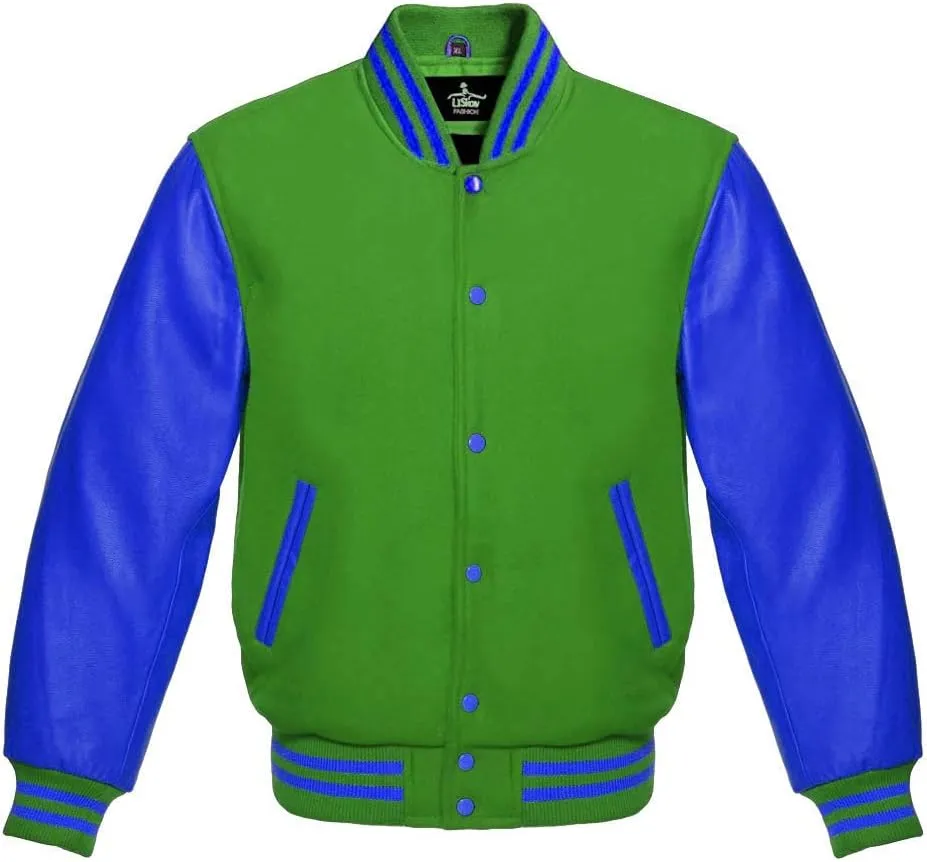 Varsity Jacket Baseball Letterman Bomber School Premium Wool Royal blue Genuine leather sleeves