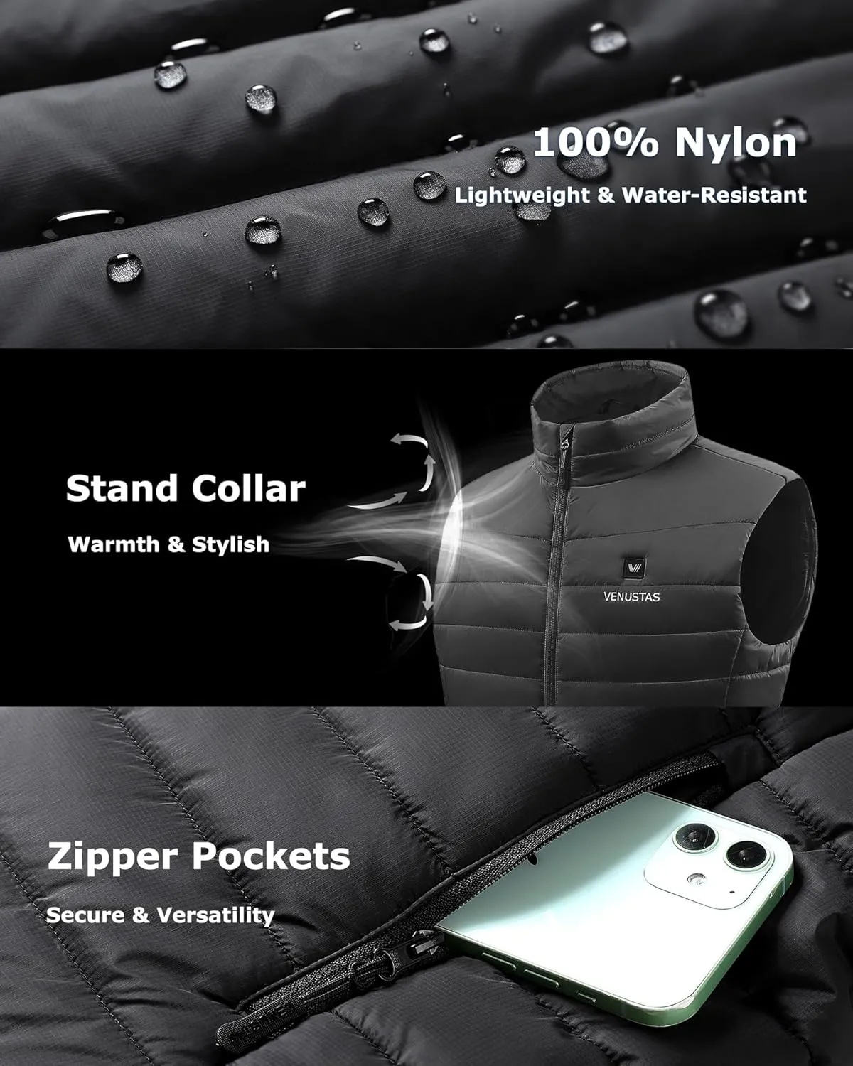 Venustas Men's Heated Vest with Battery, Up to 20 Hours of Warmth, Winter Quilted Vest for Outdoor