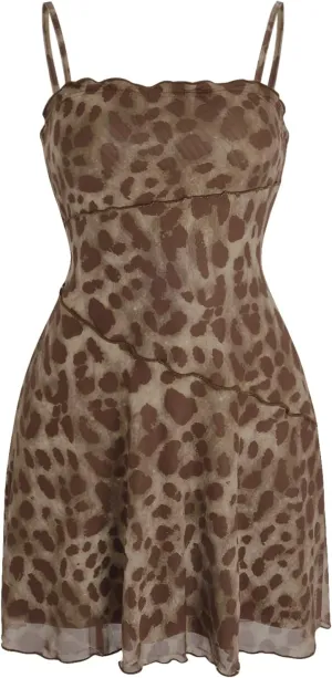 Verdusa Women's Lettuce Trim Floral Print Mesh Sleeveless A Line Short Cami Dress