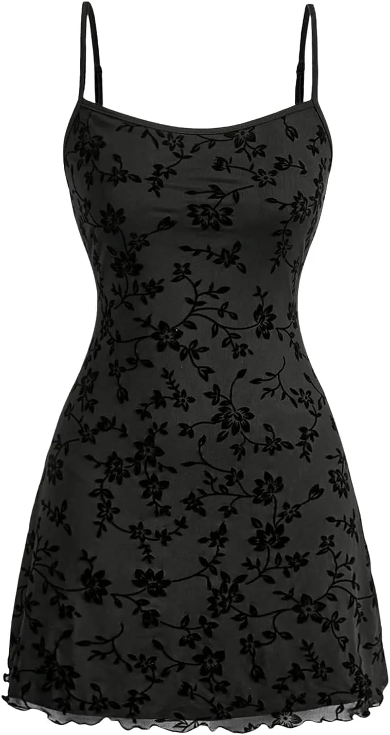Verdusa Women's Lettuce Trim Floral Print Mesh Sleeveless A Line Short Cami Dress