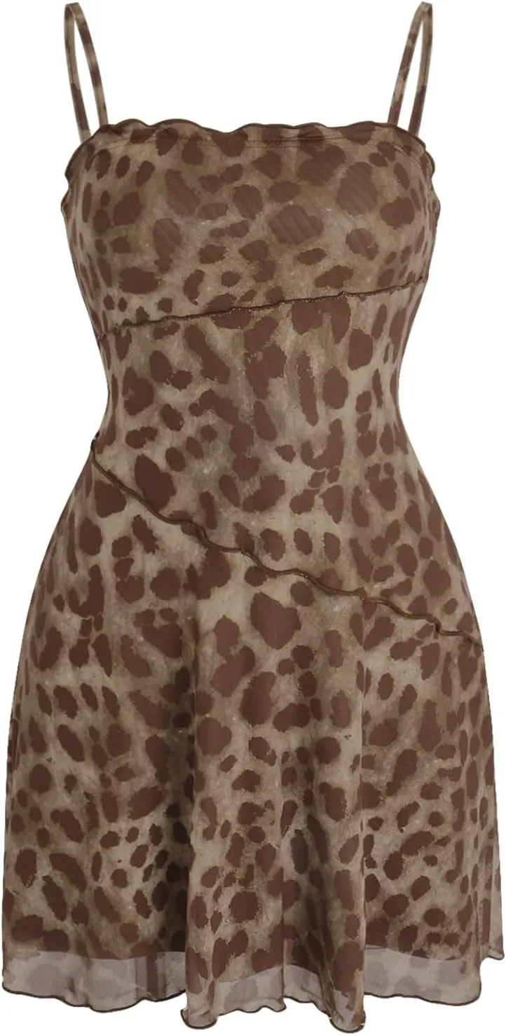 Verdusa Women's Lettuce Trim Floral Print Mesh Sleeveless A Line Short Cami Dress