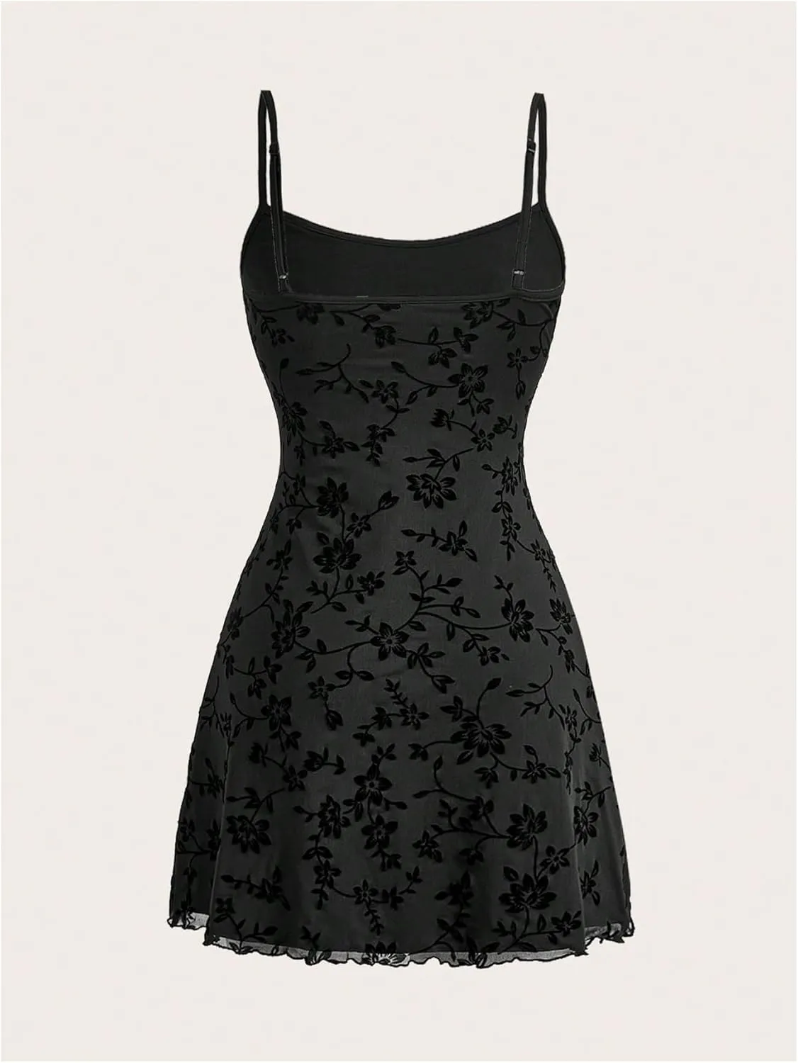 Verdusa Women's Lettuce Trim Floral Print Mesh Sleeveless A Line Short Cami Dress