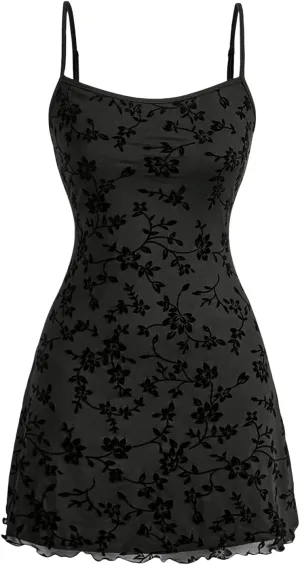 Verdusa Women's Lettuce Trim Floral Print Mesh Sleeveless A Line Short Cami Dress