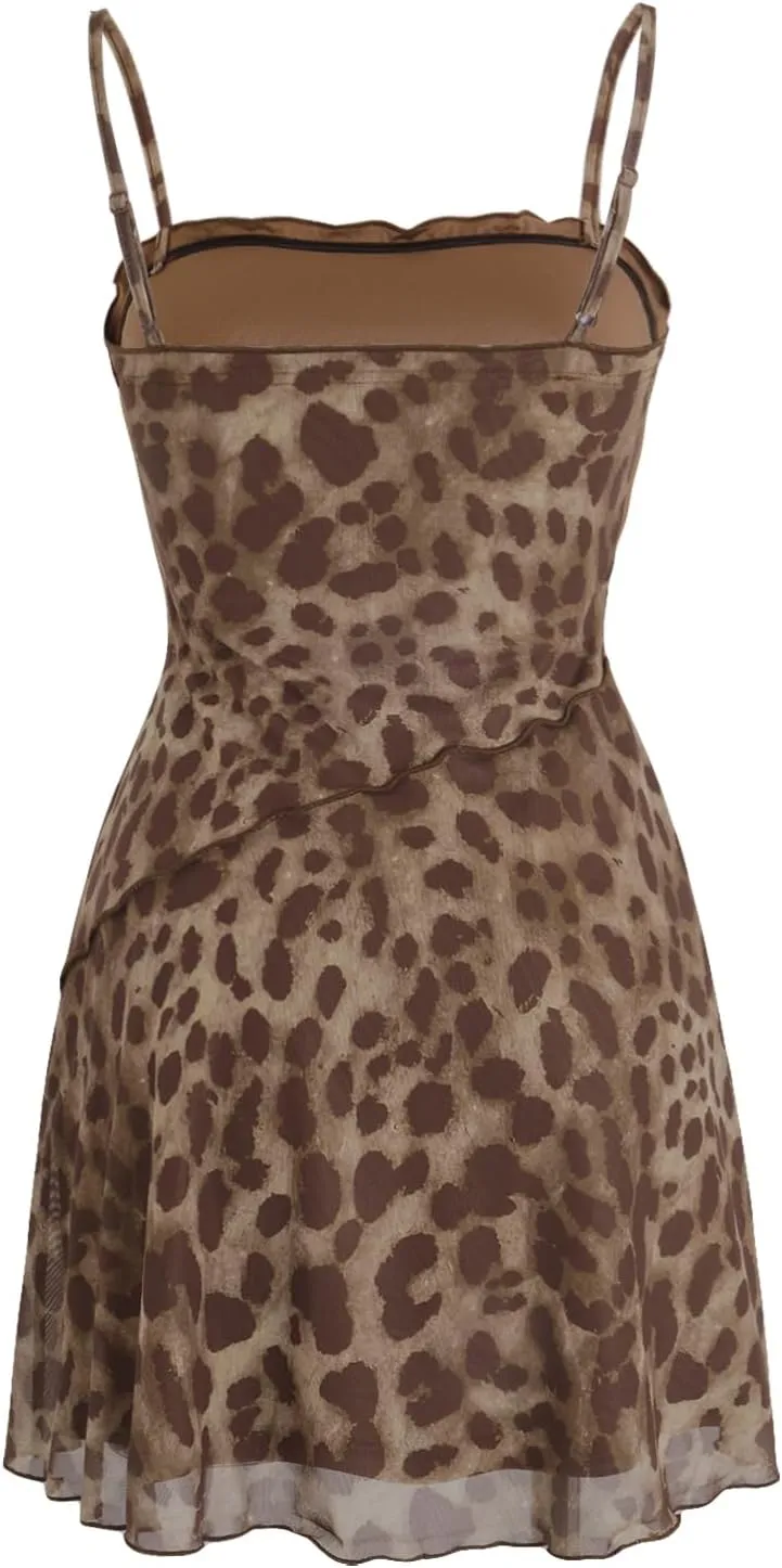 Verdusa Women's Lettuce Trim Floral Print Mesh Sleeveless A Line Short Cami Dress