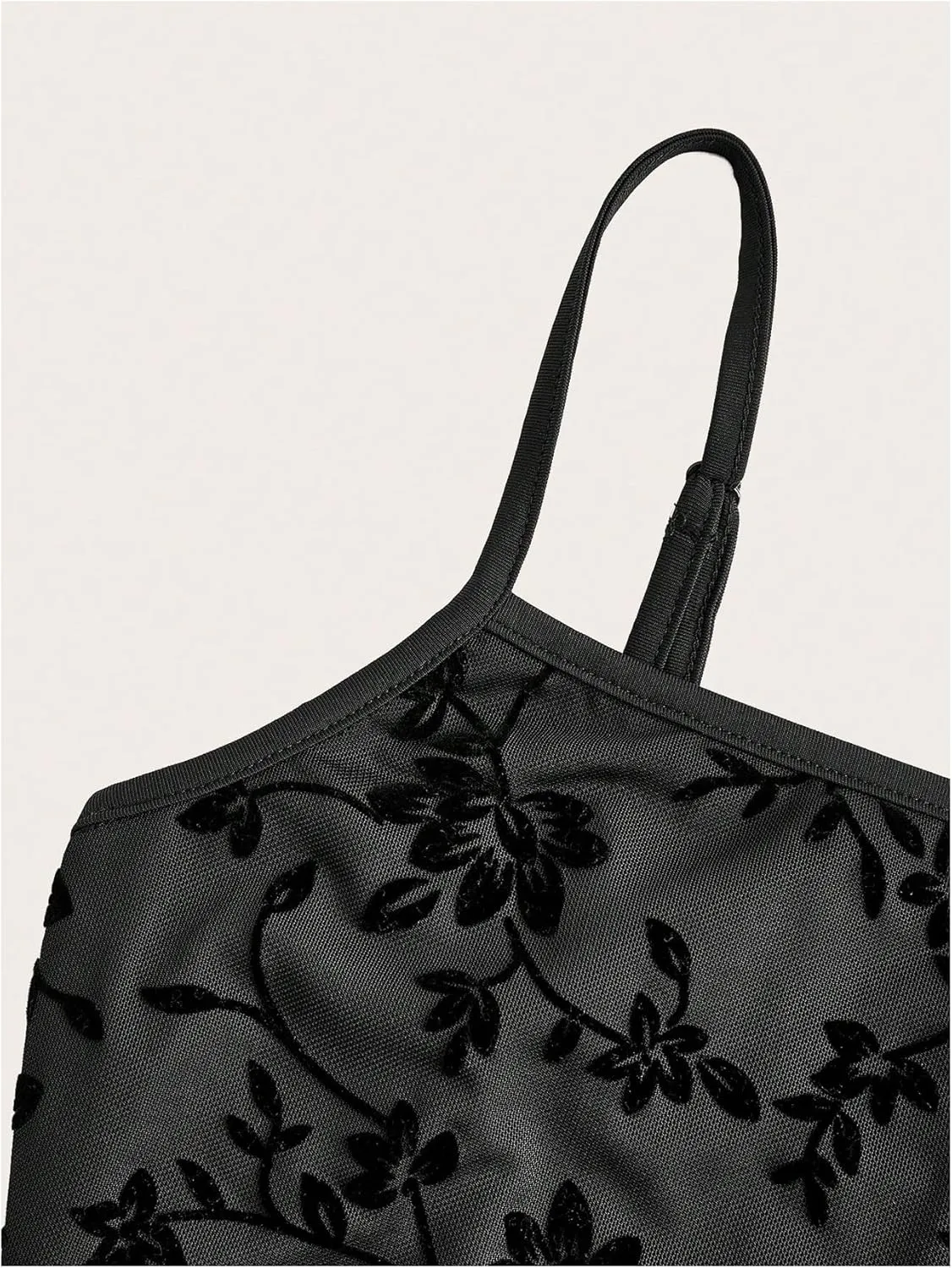 Verdusa Women's Lettuce Trim Floral Print Mesh Sleeveless A Line Short Cami Dress