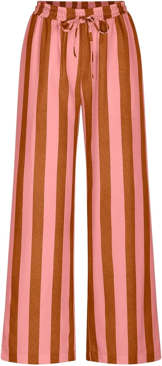 Vertical Striped Wide Leg Pants Womens Vintage High Waist Loungewear Pant Fashion Casual Loose Fit Pocketed Trousers