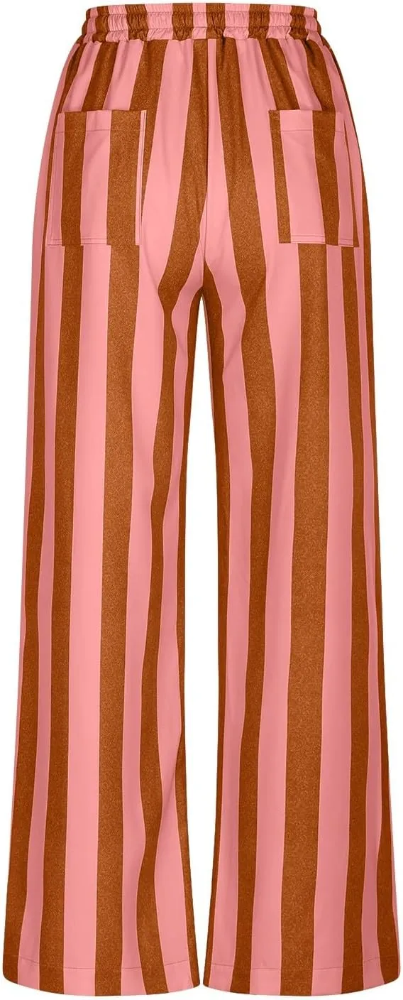 Vertical Striped Wide Leg Pants Womens Vintage High Waist Loungewear Pant Fashion Casual Loose Fit Pocketed Trousers