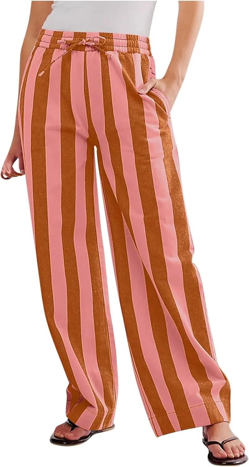 Vertical Striped Wide Leg Pants Womens Vintage High Waist Loungewear Pant Fashion Casual Loose Fit Pocketed Trousers