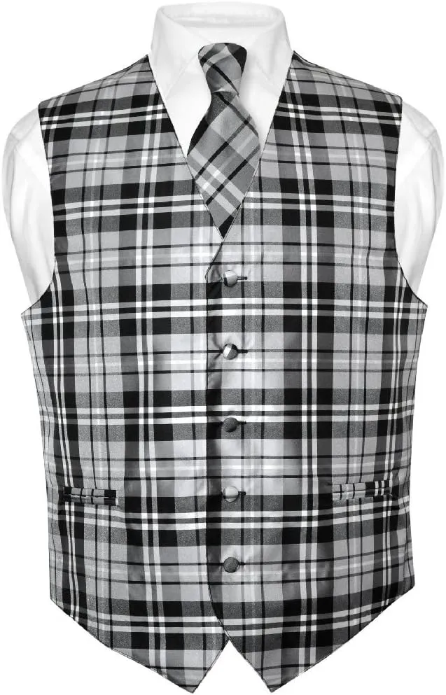 Vesuvio Napoli Men's Plaid Design Dress Vest & NeckTie Black Gray White Neck Tie Set
