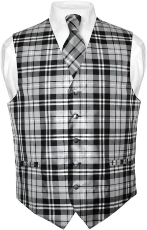 Vesuvio Napoli Men's Plaid Design Dress Vest & NeckTie Black Gray White Neck Tie Set