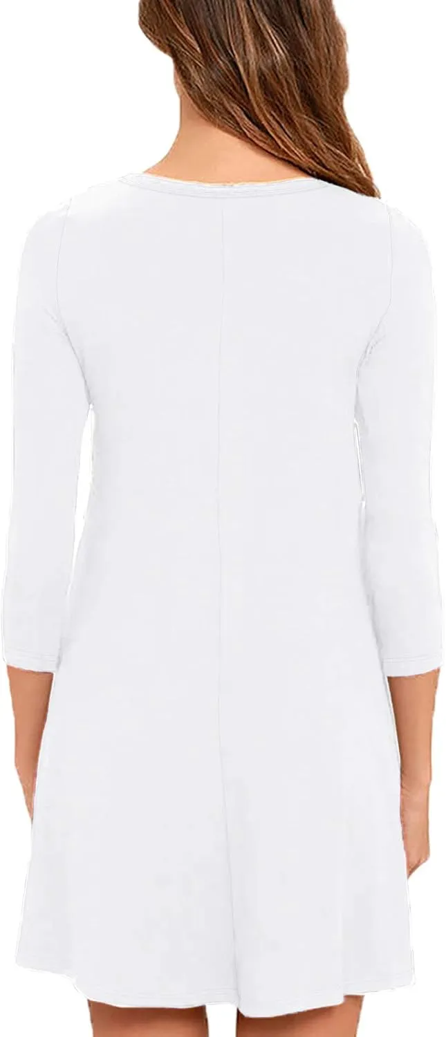 VIISHOW Womens Round Neck 3/4 Sleeves A-line Casual Tshirt Dress with Pocket