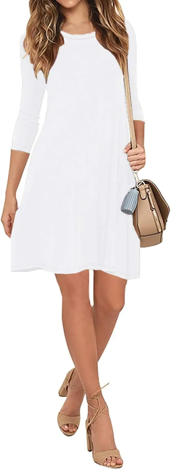 VIISHOW Womens Round Neck 3/4 Sleeves A-line Casual Tshirt Dress with Pocket