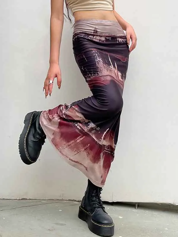 Vintage Printed Elastic Waist Bodycon Skirt