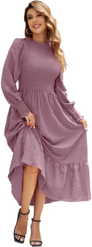 VintageClothing Women's 2023 Casual Fall Midi Dresses Long Sleeve Crew Neck Smocked Flowy Tiered Long Dress with Pockets