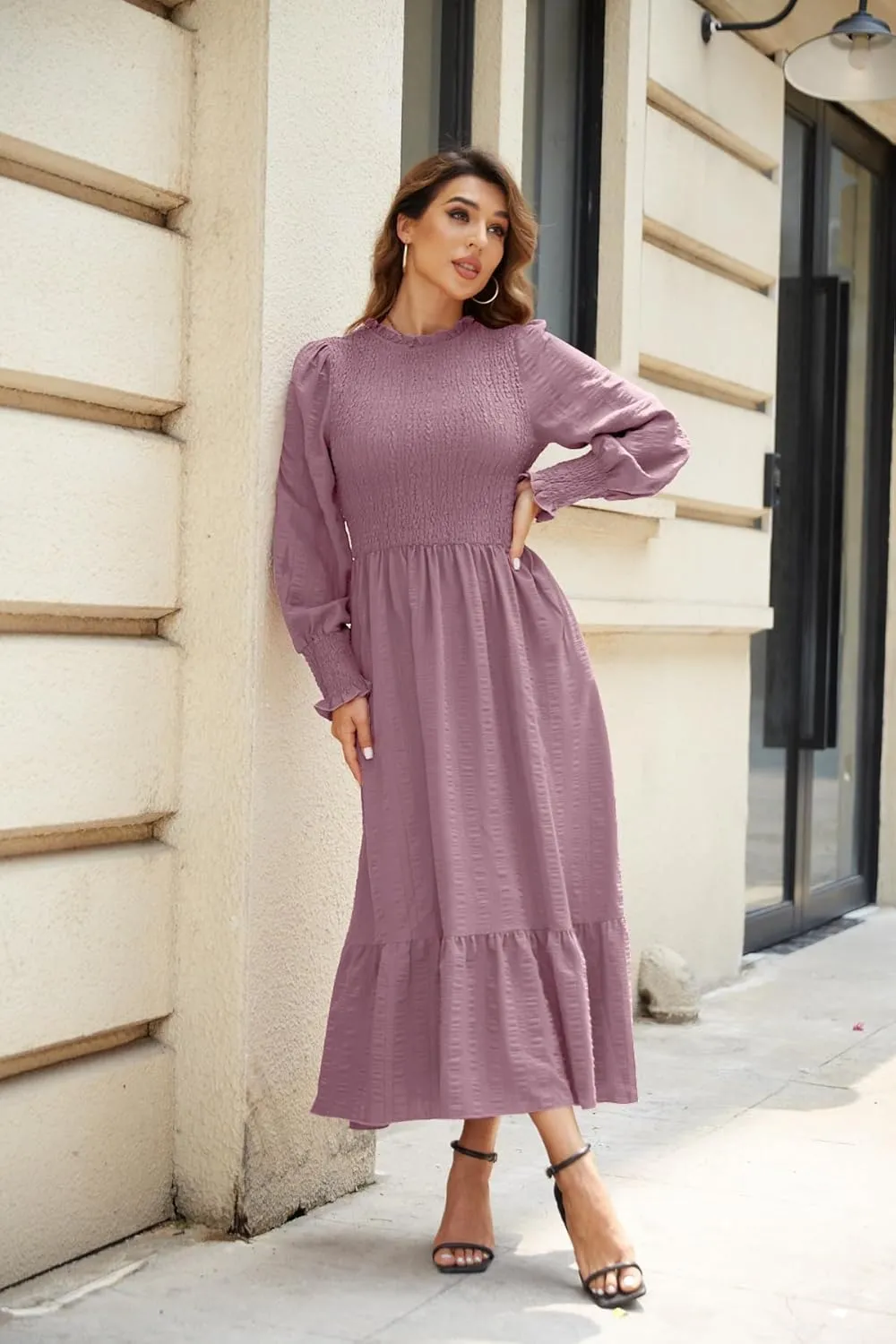 VintageClothing Women's 2023 Casual Fall Midi Dresses Long Sleeve Crew Neck Smocked Flowy Tiered Long Dress with Pockets