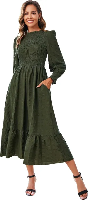 VintageClothing Women's 2023 Casual Fall Midi Dresses Long Sleeve Crew Neck Smocked Flowy Tiered Long Dress with Pockets