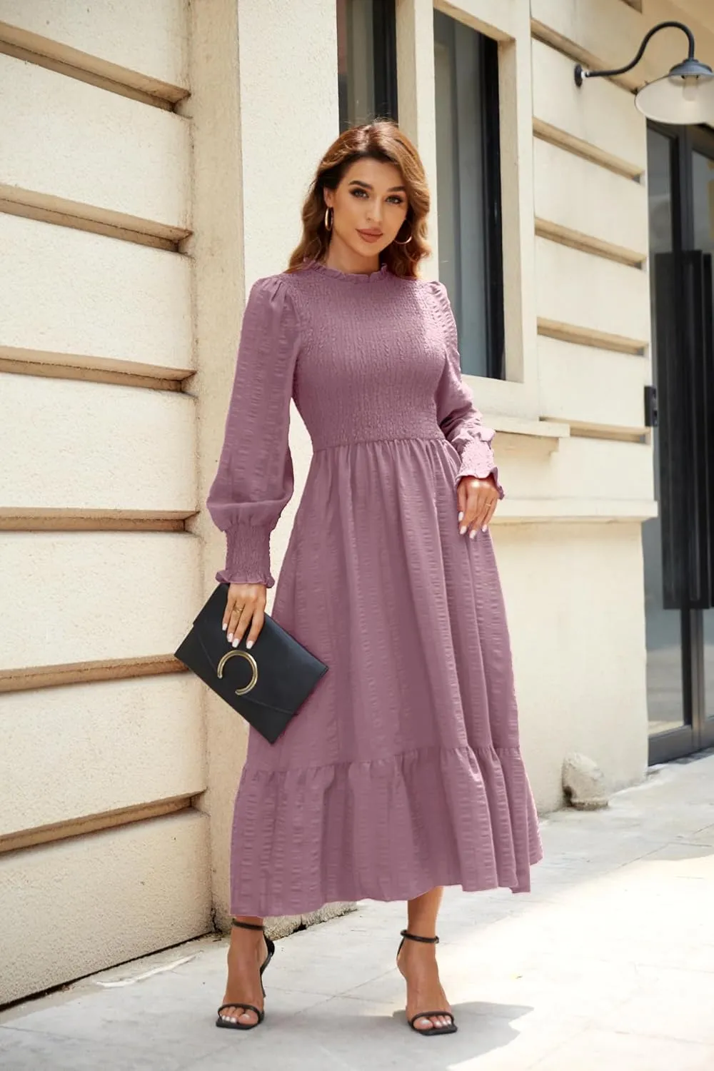 VintageClothing Women's 2023 Casual Fall Midi Dresses Long Sleeve Crew Neck Smocked Flowy Tiered Long Dress with Pockets