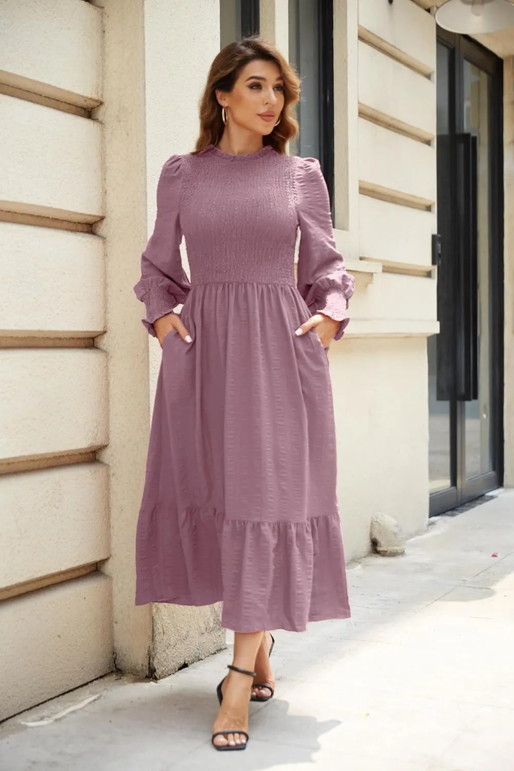 VintageClothing Women's 2023 Casual Fall Midi Dresses Long Sleeve Crew Neck Smocked Flowy Tiered Long Dress with Pockets