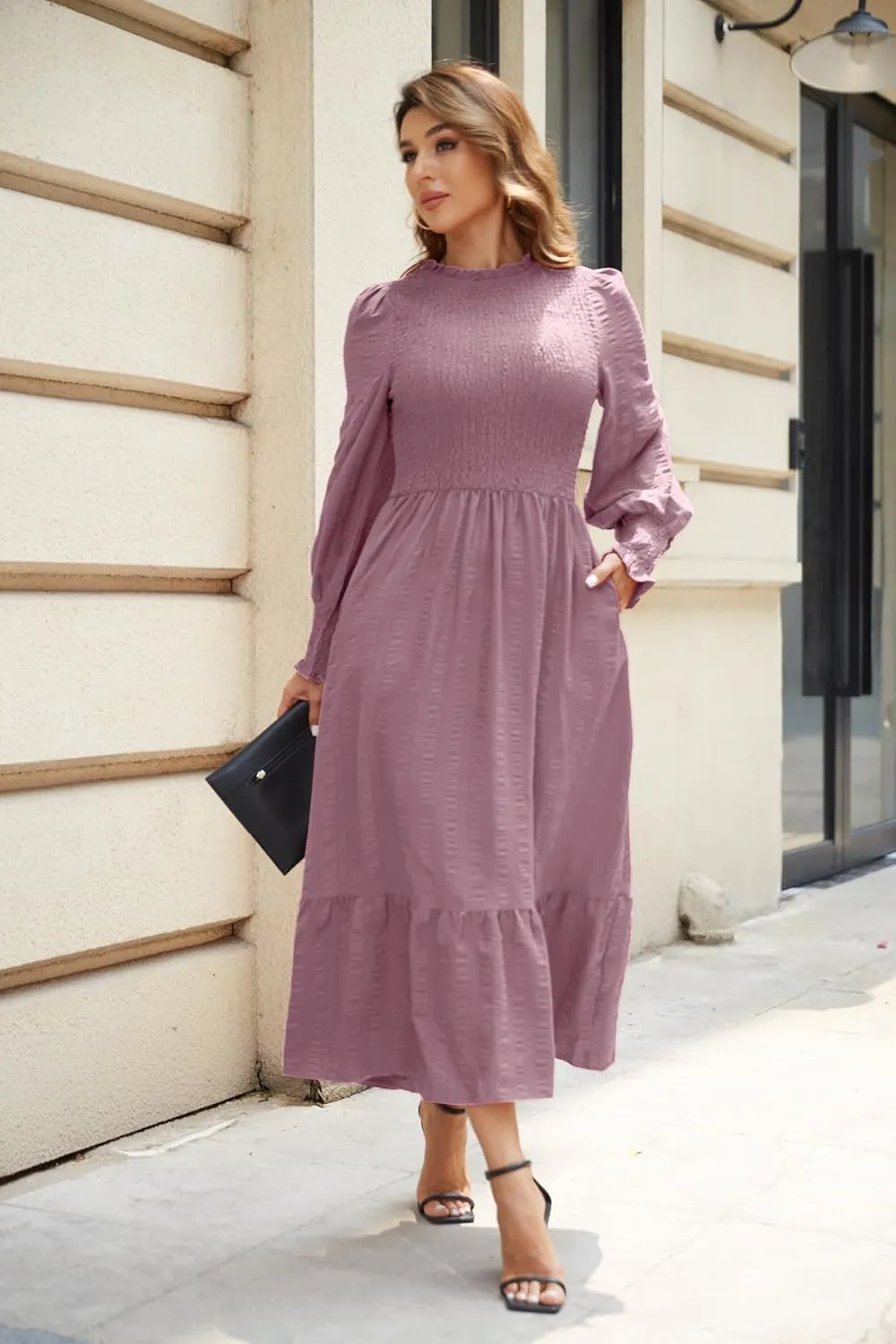 VintageClothing Women's 2023 Casual Fall Midi Dresses Long Sleeve Crew Neck Smocked Flowy Tiered Long Dress with Pockets