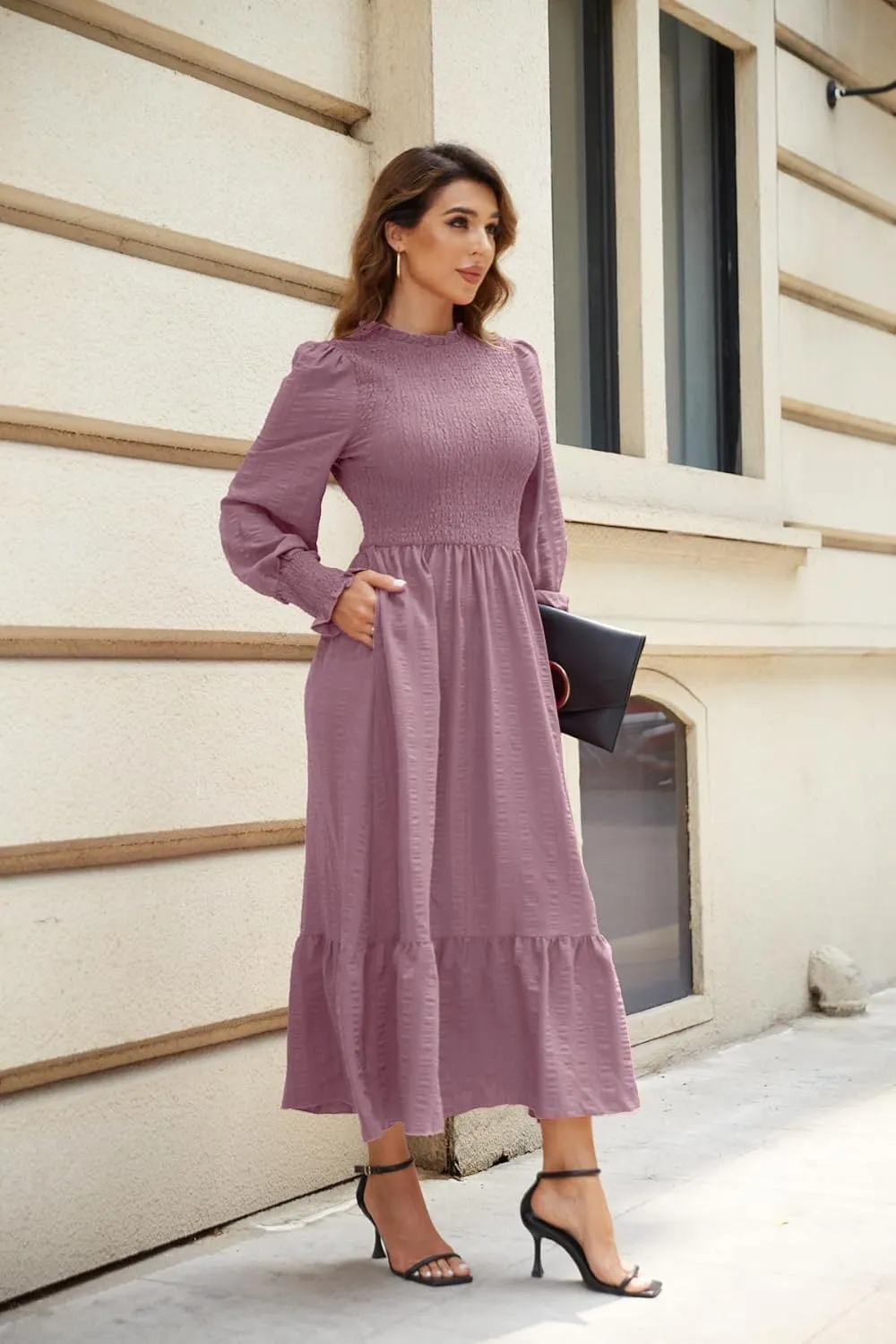 VintageClothing Women's 2023 Casual Fall Midi Dresses Long Sleeve Crew Neck Smocked Flowy Tiered Long Dress with Pockets