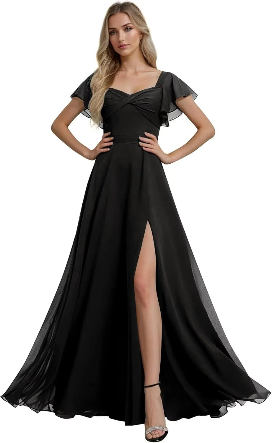 VOfuter Chiffon Bridesmaid Dress for Women Ruffle Short Sleeves Formal Prom Wedding Party Gown with Slit