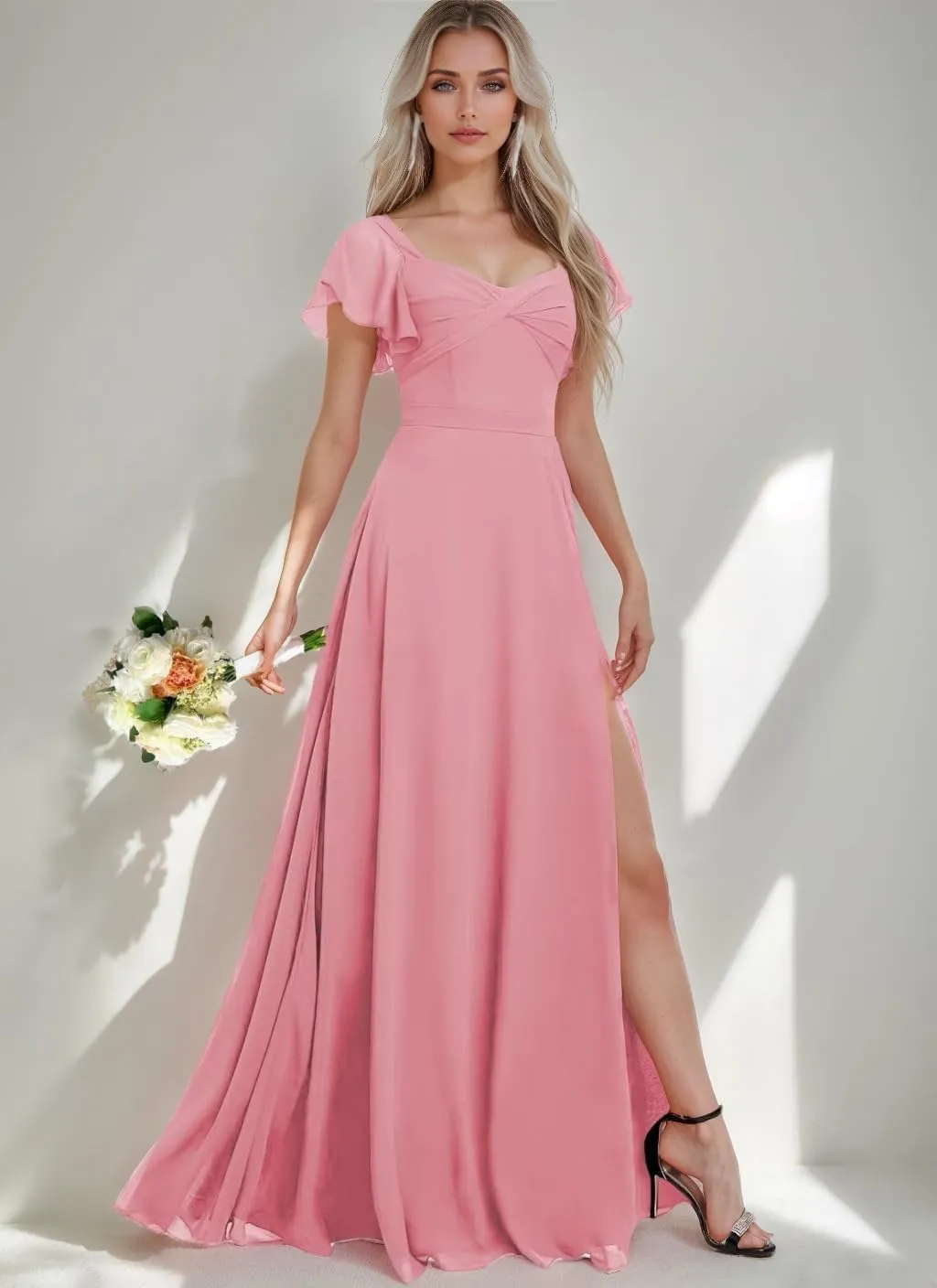 VOfuter Chiffon Bridesmaid Dress for Women Ruffle Short Sleeves Formal Prom Wedding Party Gown with Slit
