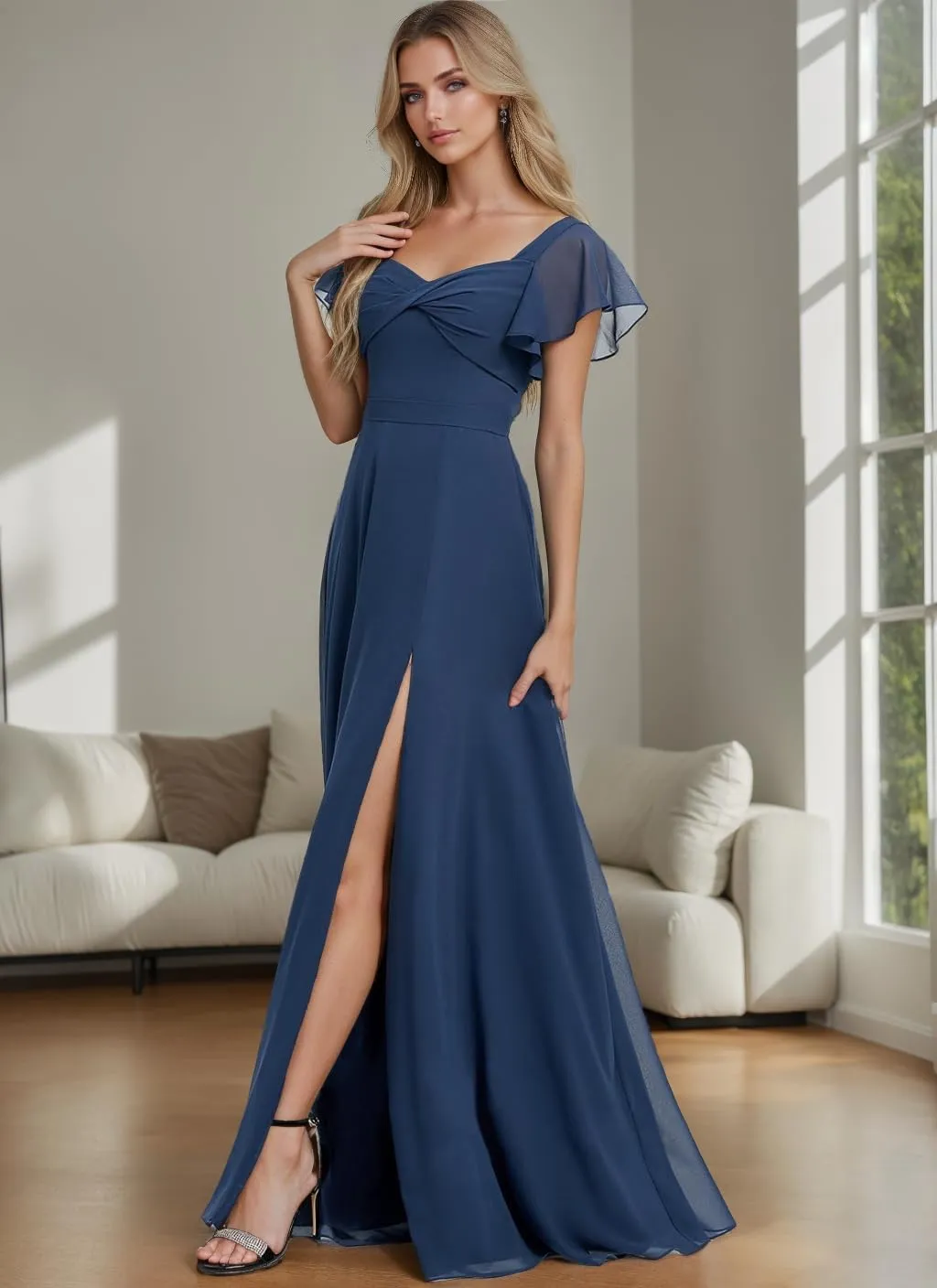 VOfuter Chiffon Bridesmaid Dress for Women Ruffle Short Sleeves Formal Prom Wedding Party Gown with Slit