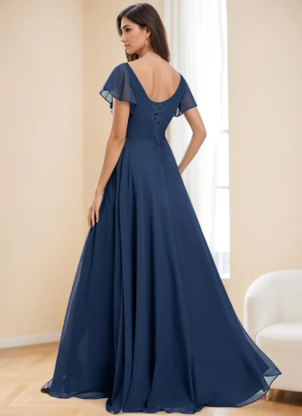 VOfuter Chiffon Bridesmaid Dress for Women Ruffle Short Sleeves Formal Prom Wedding Party Gown with Slit