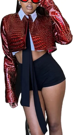 VOIKERDR Red Leather Jacket Cropped Jacket Motorcycle Jacket Dressy Varsity Jacket Y2K Streetwear
