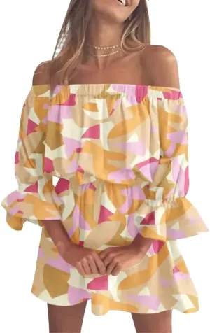 Vrtige Women's Floral Off Shoulder Flounce Half Sleeve Ruffle Hem A Line Mini Dress