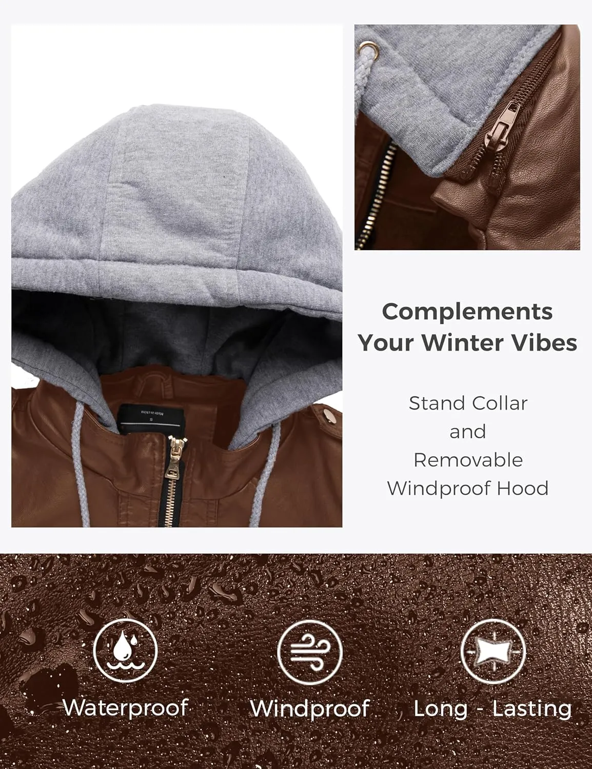 wantdo Women's Lightweight Leather Jacket Casual Motorcycle PU Biker Coat with Removable Hood