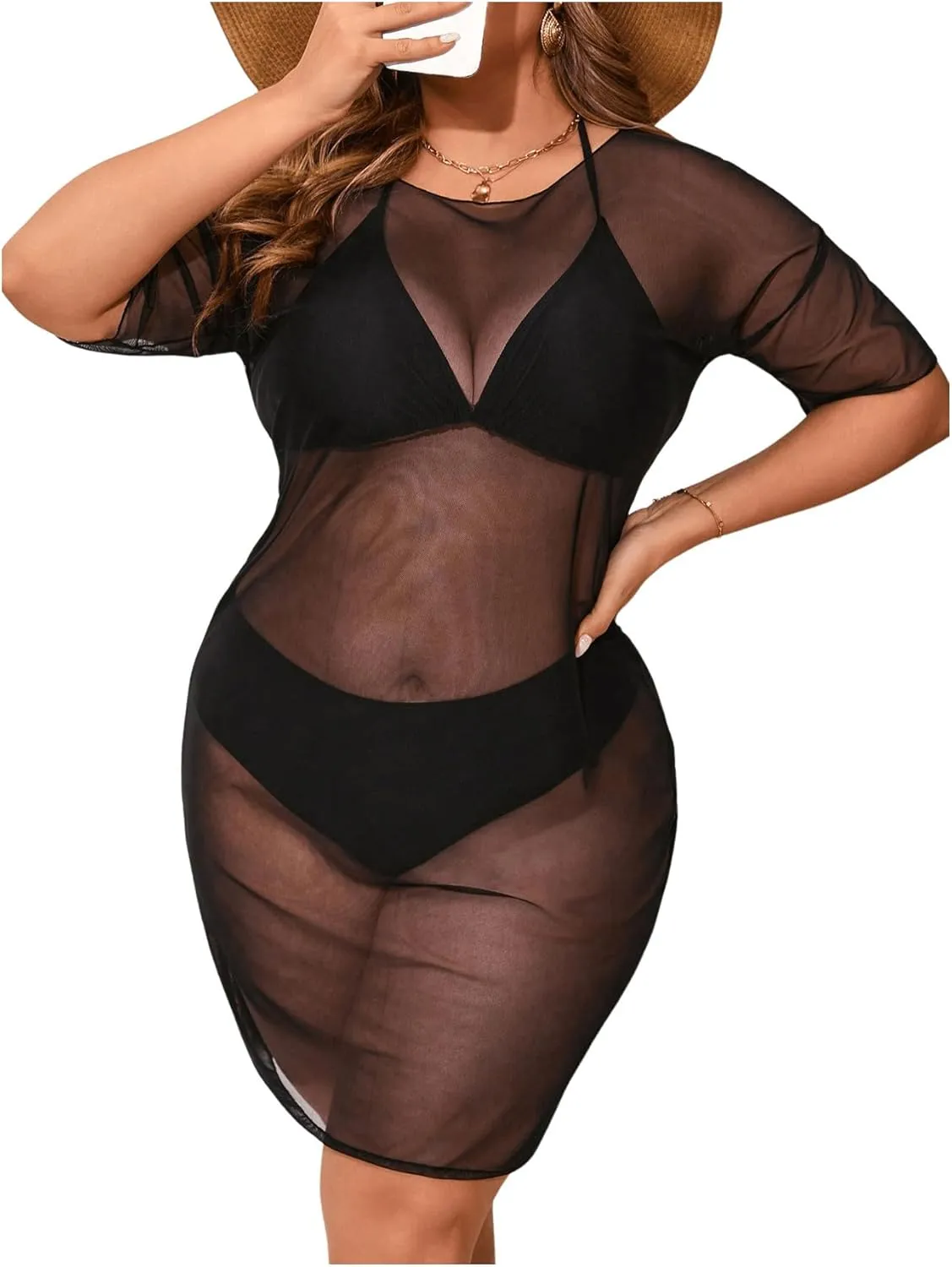 WDIRARA Women's Plus Size Mesh Scoop Neck Half Sleeve Loose Cover Up Dress See Through Midi Kimono Dress Black 1XL