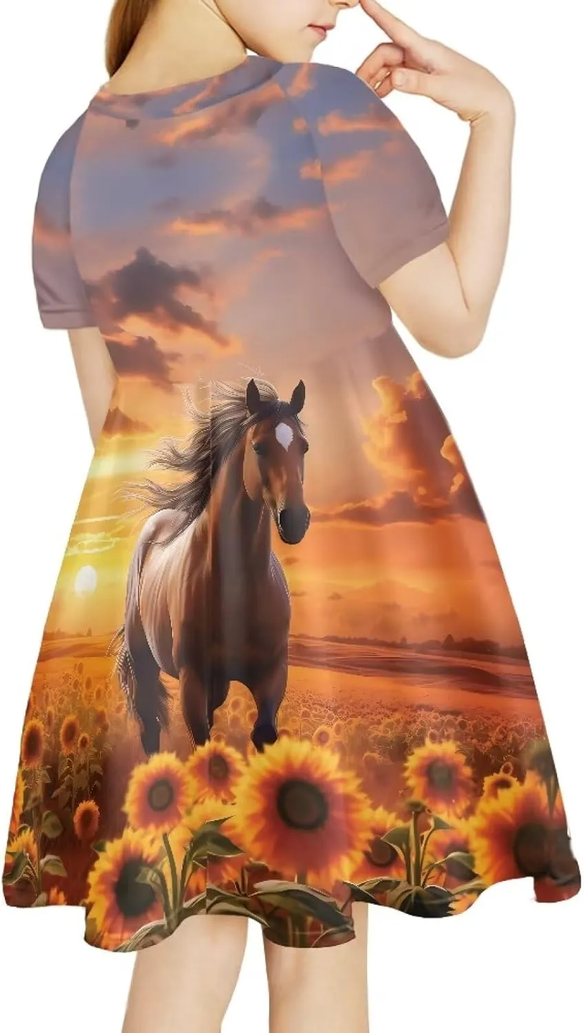 WELLFLYHOM Girls Summer Short Sleeve Skater Party Holiday Dress for Kids 3-14