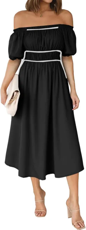 Wenrine Womens Off The Shoulder Midi Dress Summer Square Neck Puff Short Sleeve Casual Flowy A Line Beach Dresses