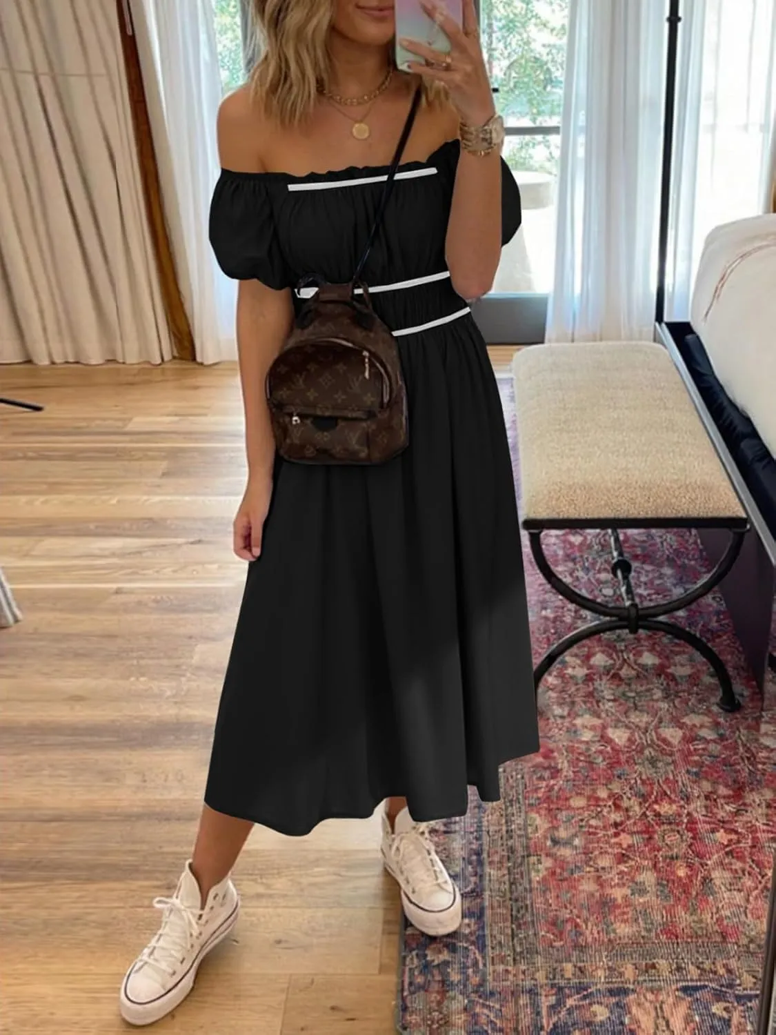 Wenrine Womens Off The Shoulder Midi Dress Summer Square Neck Puff Short Sleeve Casual Flowy A Line Beach Dresses