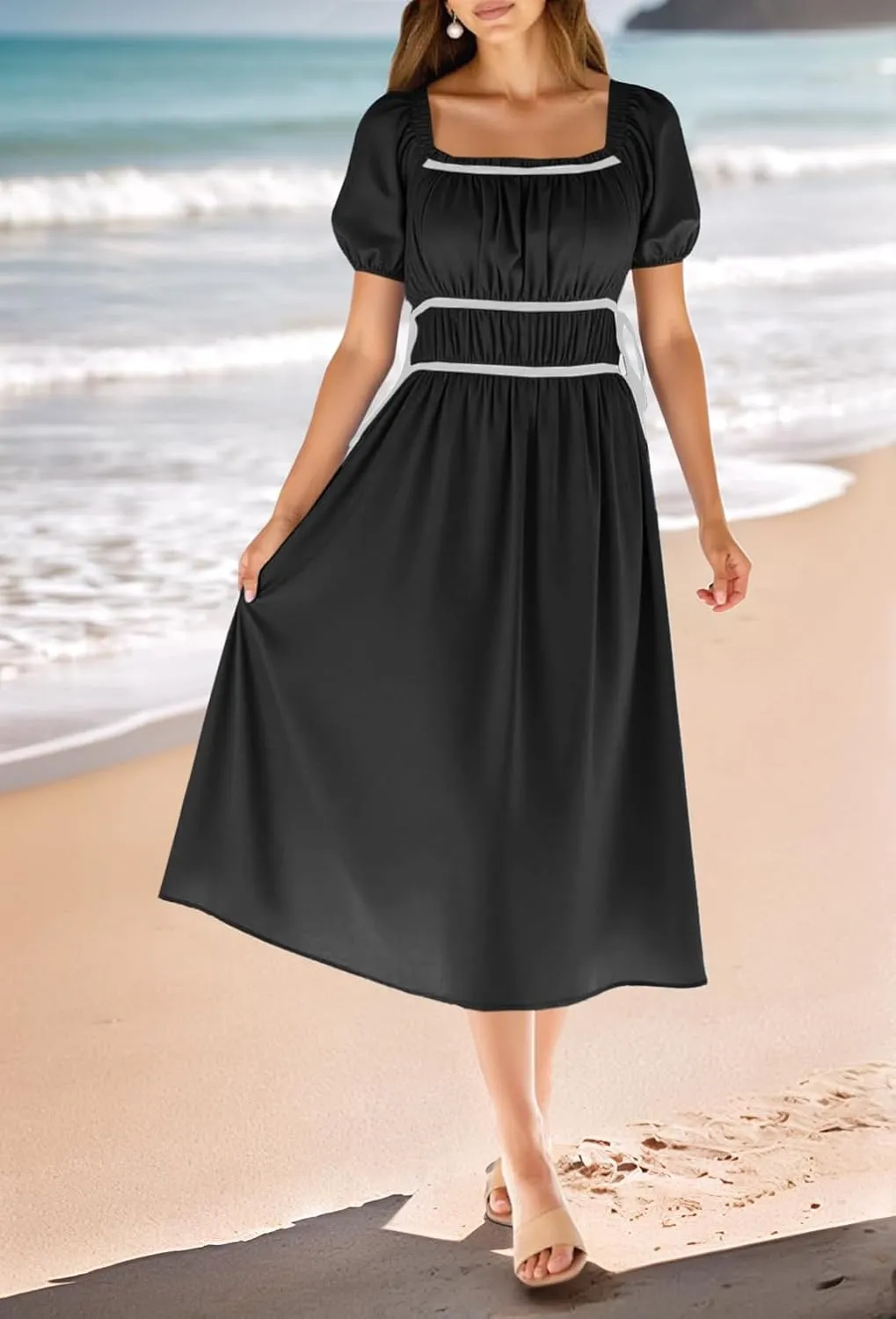 Wenrine Womens Off The Shoulder Midi Dress Summer Square Neck Puff Short Sleeve Casual Flowy A Line Beach Dresses