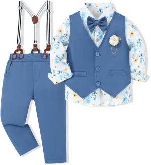 WESIDOM Toddler Boy Clothes Suit Formal Dress Shirt Bowtie Vest Boutonniere Suspender Pants Boys Gentleman Outfits Set