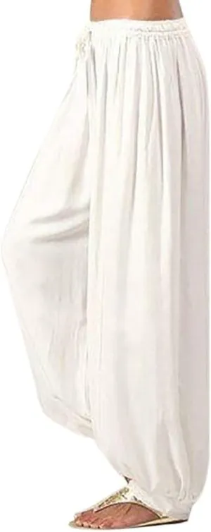 White Linen Pants Women Lounge Summer Baggy Waist Trousers with Pockets Solid Travel Palazzo Pants for Women