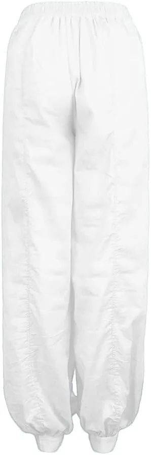 White Linen Pants Women Lounge Summer Baggy Waist Trousers with Pockets Solid Travel Palazzo Pants for Women