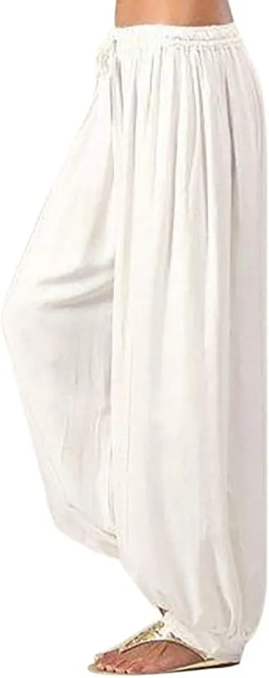 White Linen Pants Women Lounge Summer Baggy Waist Trousers with Pockets Solid Travel Palazzo Pants for Women