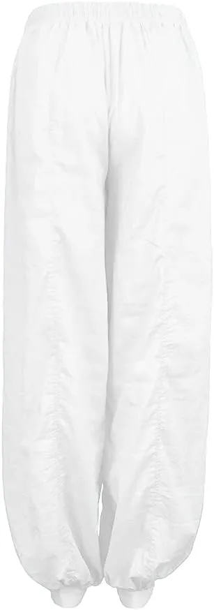 White Linen Pants Women Lounge Summer Baggy Waist Trousers with Pockets Solid Travel Palazzo Pants for Women