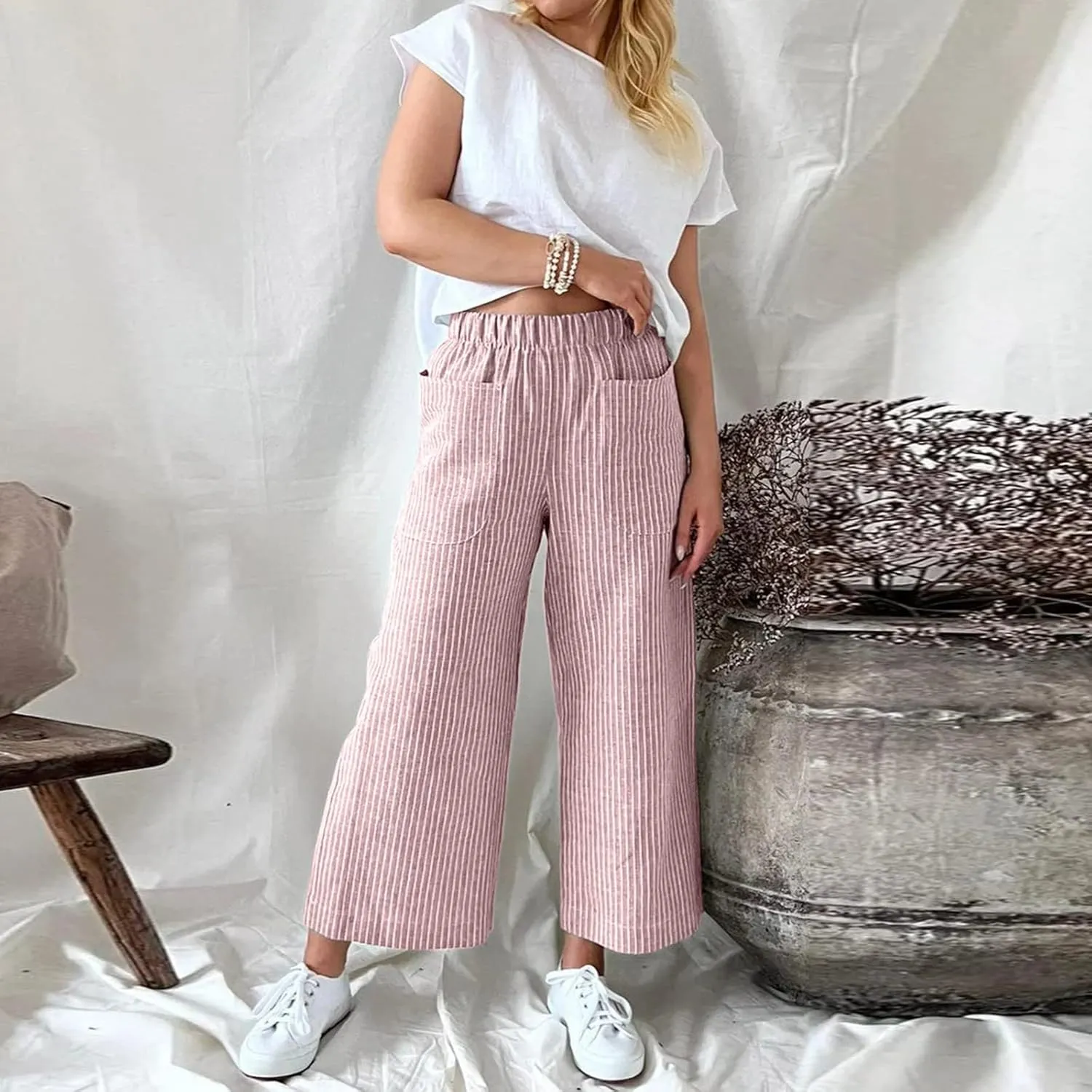 White Linen Pants Women Plus Size Women's Casual Cotton Linen Baggy Pants with Elastic Waist Relax Fit Lantern Trouser
