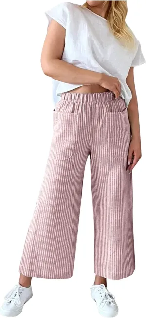 White Linen Pants Women Plus Size Women's Casual Cotton Linen Baggy Pants with Elastic Waist Relax Fit Lantern Trouser